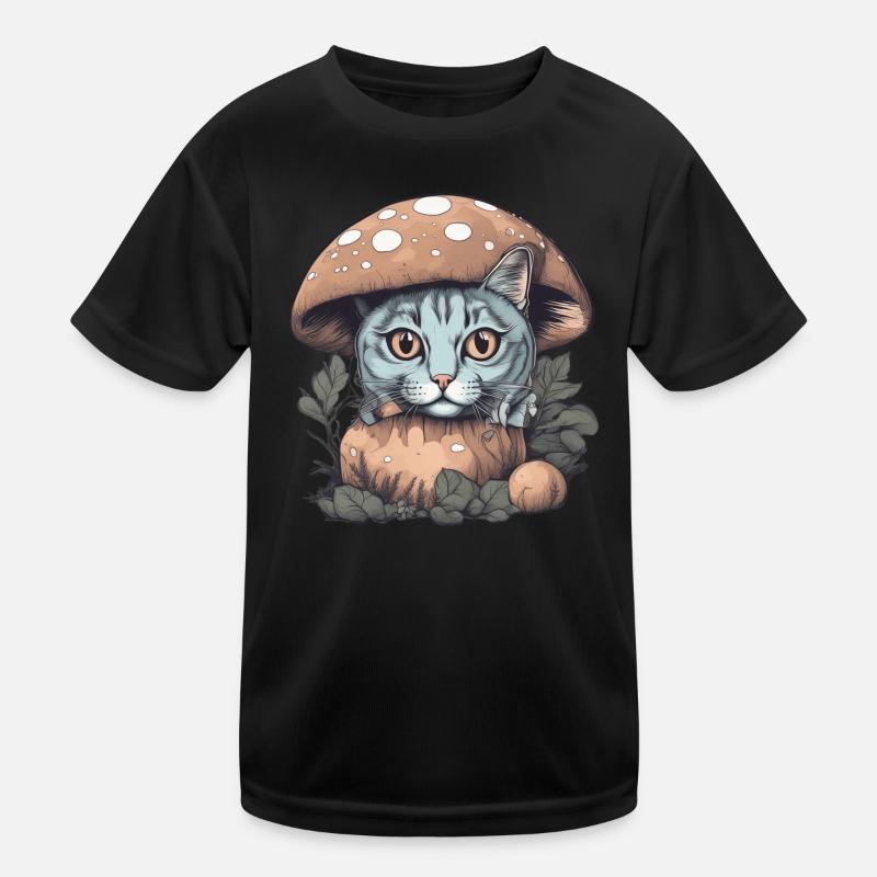 Cat Basking in Sunlight Under a Mushroom Kids Functional T-Shirt