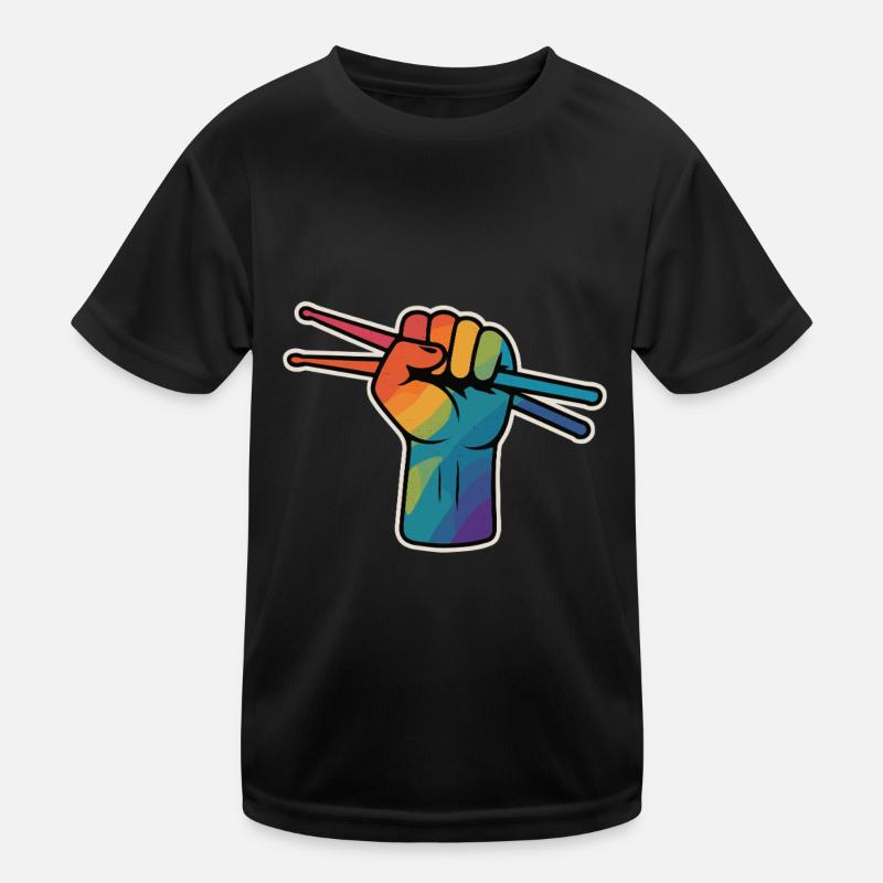 Drummer Power – Regenbogen Faust - Kinder Funktions-T-Shirt - Schwarz