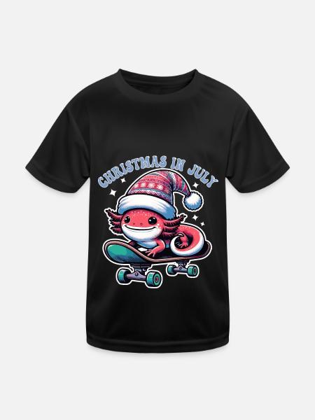 Art Christmas in July Axolotl on Skateboard - Kids Functional T-Shirt - black - Front