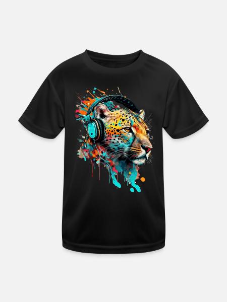 Leopard mit Kopfhörern DJ - Kinder Funktions-T-Shirt - Schwarz