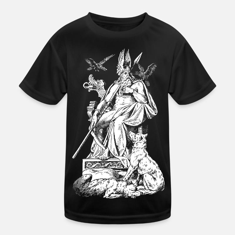 Odin on throne with spears, ravens and wolves Kids Functional T-Shirt