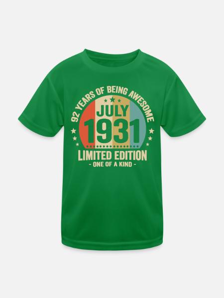 July 1931 92 Years Anniversary Vintage Gift - Kids Functional T-Shirt - kelly green - Front