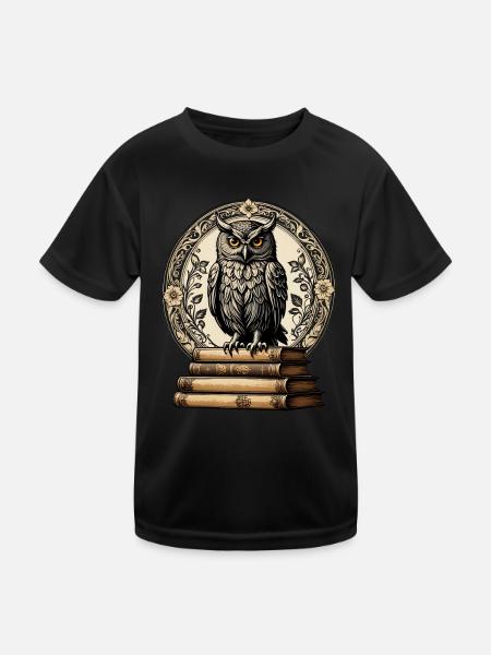 Büchereule - Kinder Funktions-T-Shirt - Schwarz