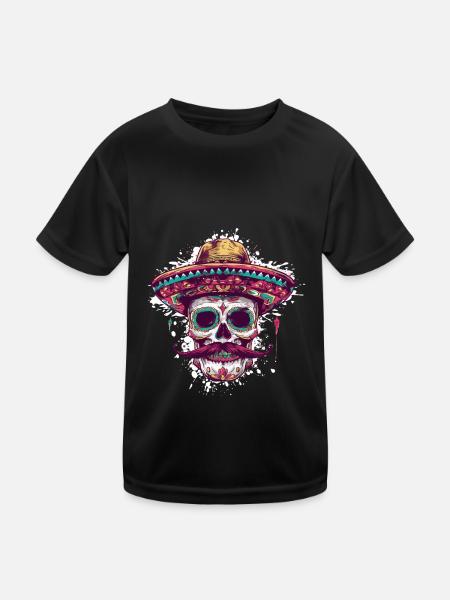 Sombrero Mexikaner Totenkopf - Kinder Funktions-T-Shirt - Schwarz - Vorne