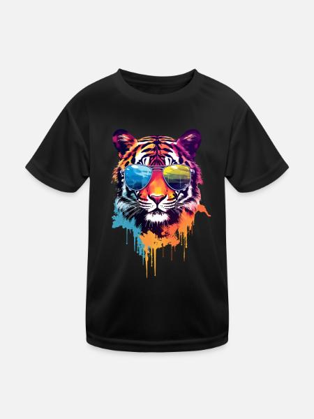 Bunter Tiger mit Sonnenbrille - Kinder Funktions-T-Shirt - Schwarz