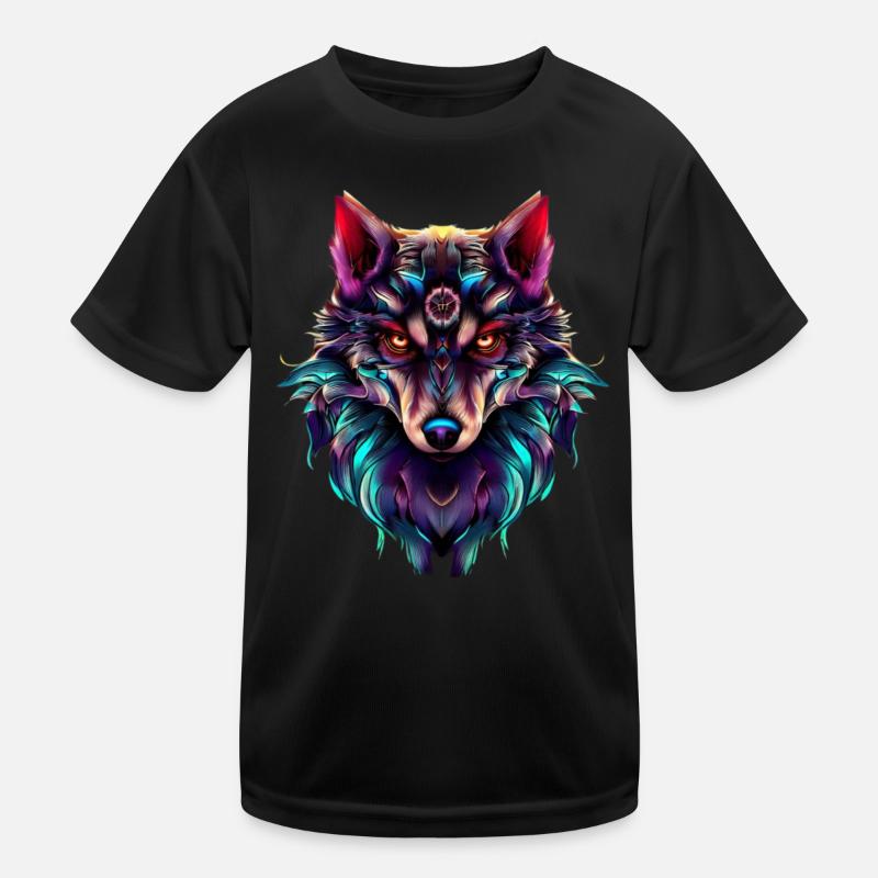 Wolf's Head Synthwave Wolf - Kids Functional T-Shirt - black