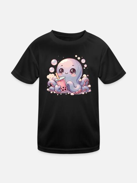 Octopus Drinking Bubble Tea kawaii Boba Octopus - Kids Functional T-Shirt - black - Front