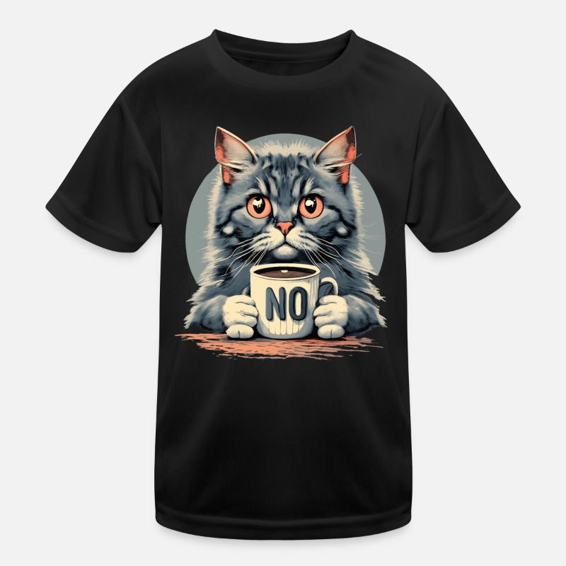 Cat with coffee mug: Before you ask, no! Kids Functional T-Shirt