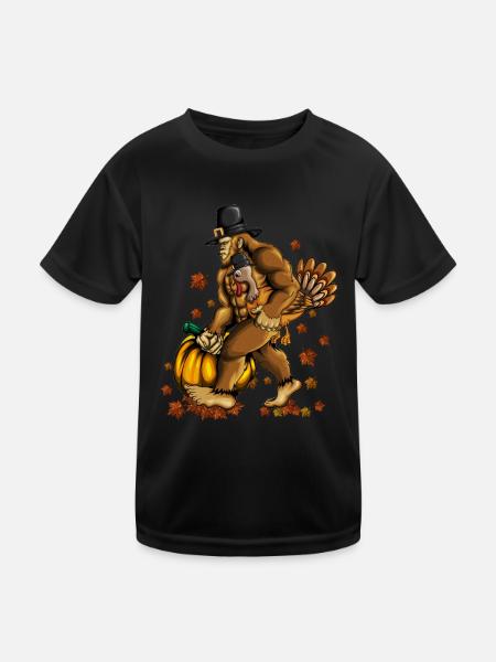 Pumpkin Thanksgiving Celebration Monkey Holds Turkey Outfit - Kids Functional T-Shirt - black - Front