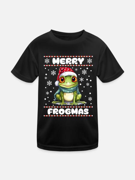 Cute Frog Wishes Merry Christmas - Kids Functional T-Shirt - black - Front