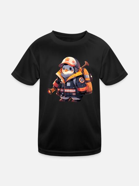 Pinguin Feuerwehrmann - Kinder Funktions-T-Shirt - Schwarz - Vorne