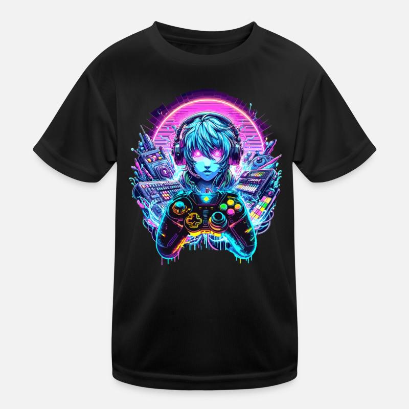 Gamer Headset Anime Synthwave Art - Kinder Funktions-T-Shirt - Schwarz