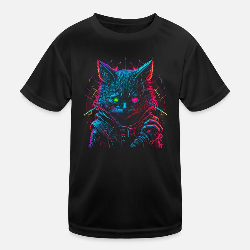 Neon Punk Hacker Katze - Kinder Funktions-T-Shirt - Schwarz