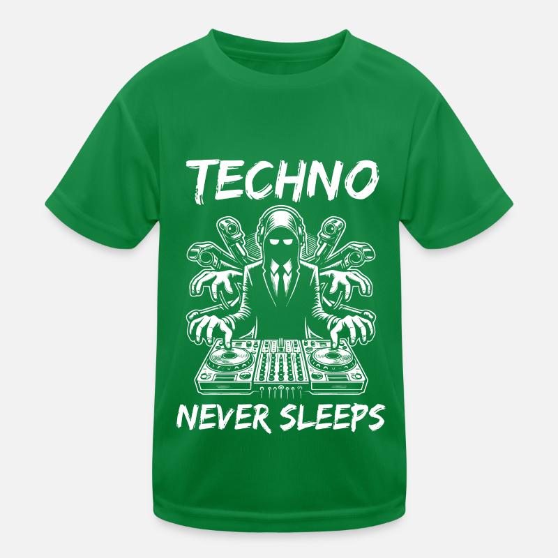 Techno never sleeps – Cool DJ design Kids Functional T-Shirt