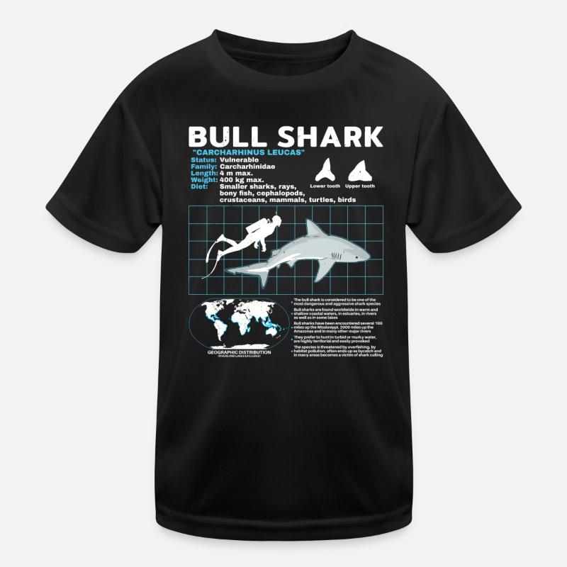 Bullenhai Datenblatt - Kinder Funktions-T-Shirt - Schwarz
