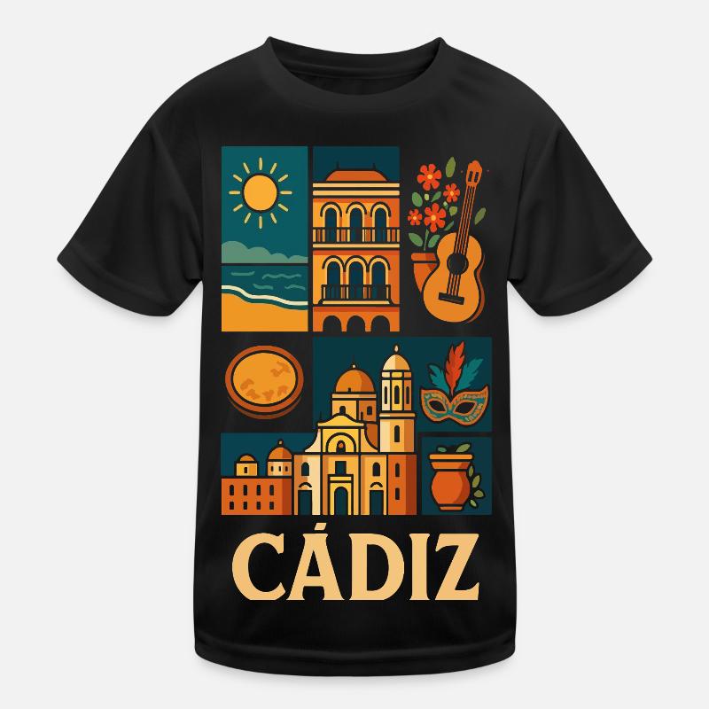 Cadiz Collage Sun Architecture Guitar Kids Functional T-Shirt