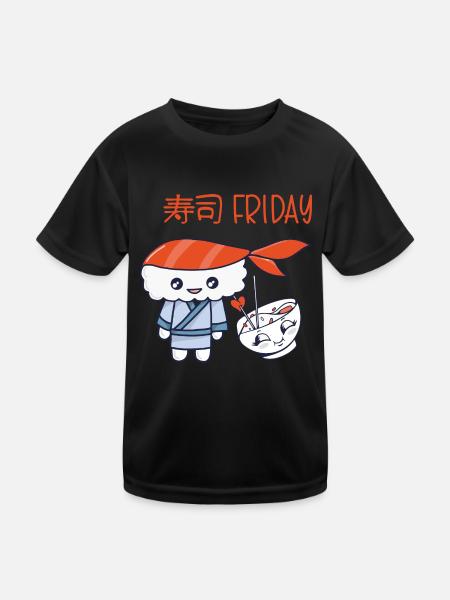 Kawaii Japanese Food Salmon Salmon Sushi Roll - Kids Functional T-Shirt - black - Front