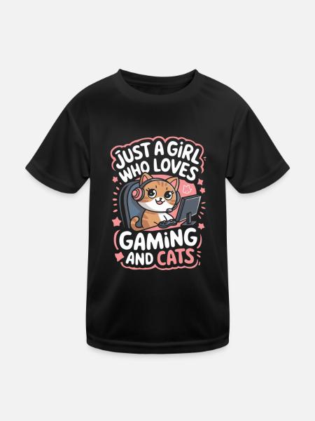 Gaming Computer Konsole Mädchen Katze - Kinder Funktions-T-Shirt - Schwarz - Vorne