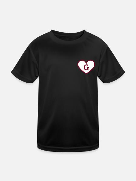Buchstabe g Herz Sport Trend Burgund - Geschenkidee - Kinder Funktions-T-Shirt - Schwarz - Vorne