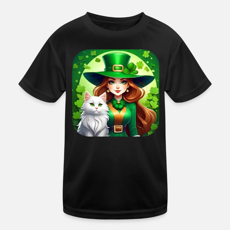 Saint Patricks Day Koboldin mit Katze Kinder Funktions-T-Shirt