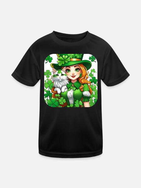 Leprechaun de la Saint-Patrick avec chat - T-shirt sport Enfant - noir - Devant