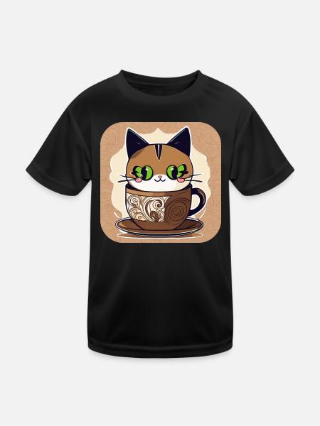 Niedliche Kaffee Katze - Kinder Funktions-T-Shirt - Schwarz - Vorne