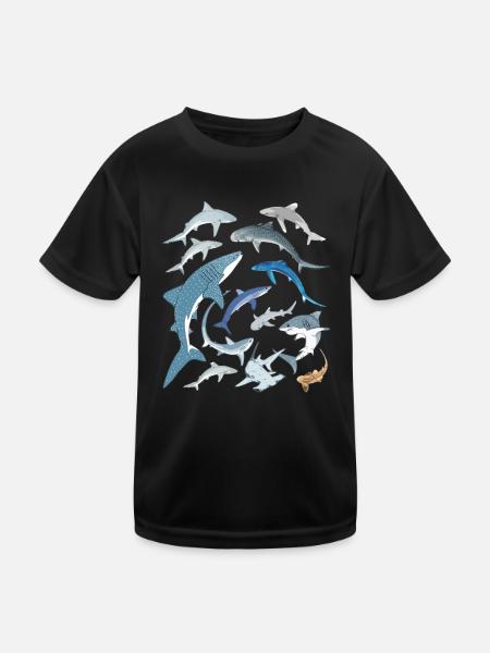 Tigerhai Blauhai Walhai Haiarten - Kinder Funktions-T-Shirt - Schwarz - Vorne