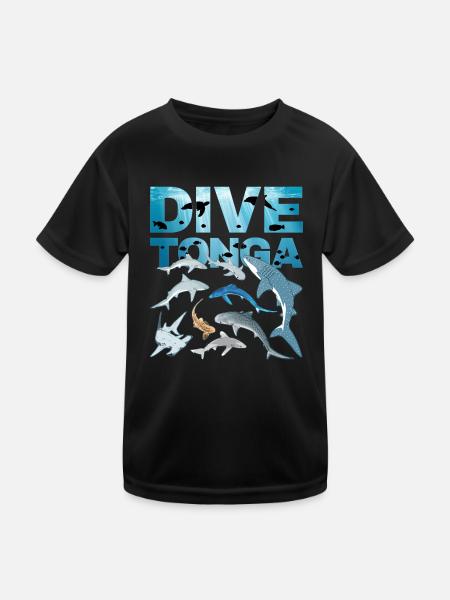 DIVE Tonga Haiarten Tigerhai Walhai Blauhai - Kinder Funktions-T-Shirt - Schwarz - Vorne