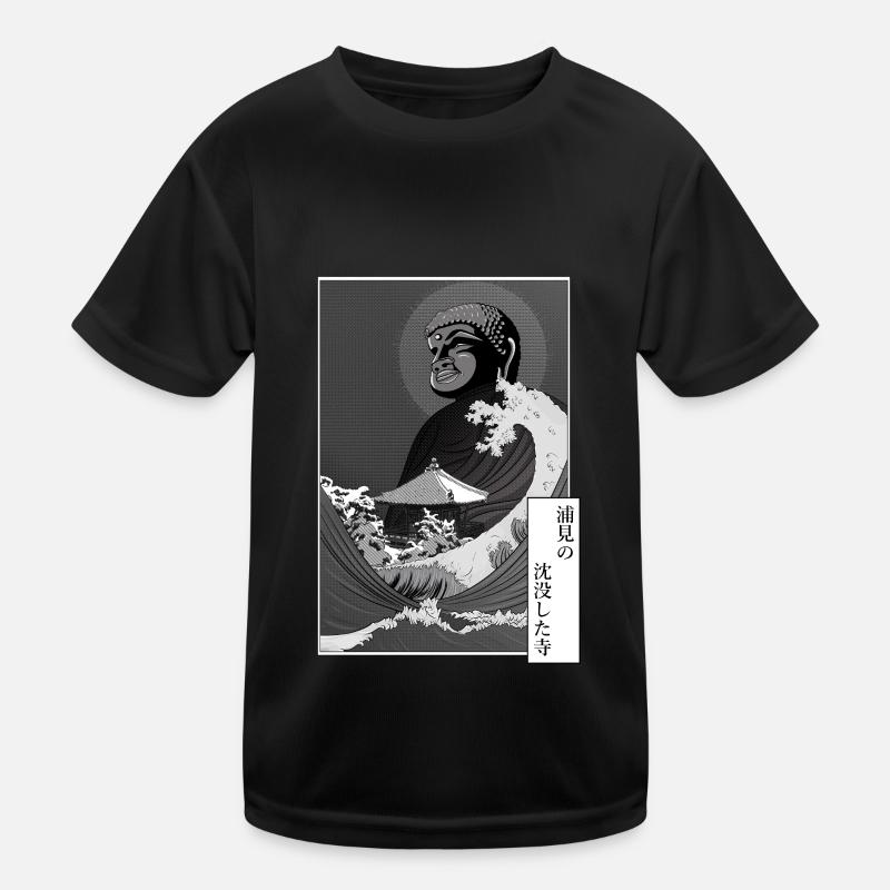 Buddha und Tsunami auf einem Tempel Kinder Funktions-T-Shirt