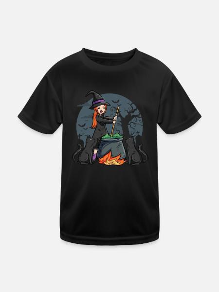 Hexe mit Kessel - Kinder Funktions-T-Shirt - Schwarz - Vorne
