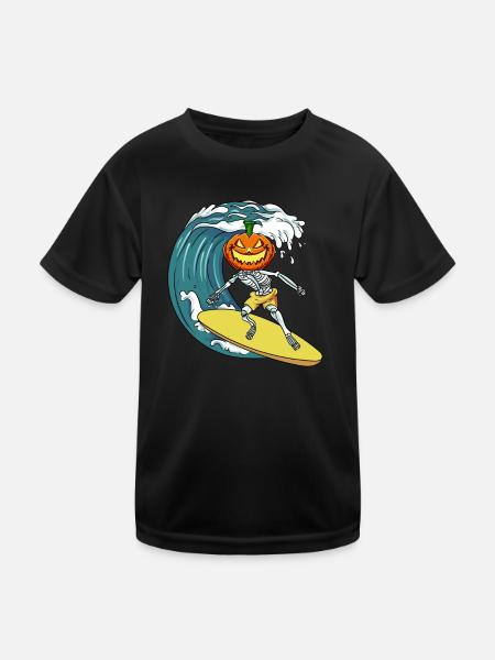 Surfen Skelett Kürbis - Kinder Funktions-T-Shirt - Schwarz - Vorne