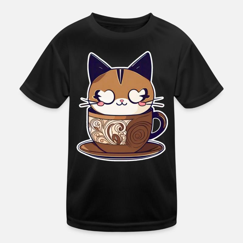 Cute Coffee Cat - Kids Functional T-Shirt - black