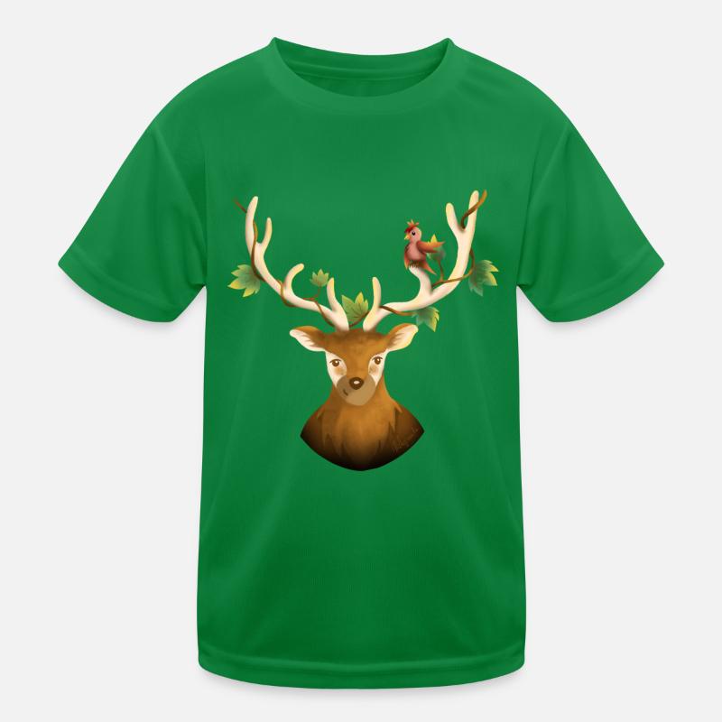 Hirsch oder Waldrentier mit Vogel und Efeu Kinder Funktions-T-Shirt