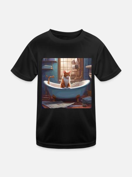 Cat in the tub, reading newspaper, retro - Kids Functional T-Shirt - black - Front