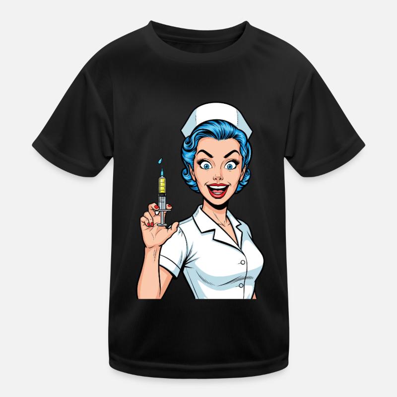 Verrückte Krankenschwester Comic Pop Art Spritze Kinder Funktions-T-Shirt