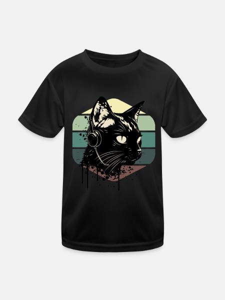 Kopfhörer mit Katze | Katze trägt Kopfhörer - Kinder Funktions-T-Shirt - Schwarz
