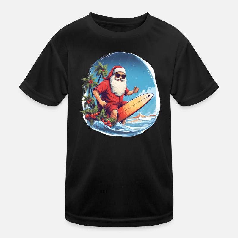 Santa oder Weihnachtsmann mit Brille am Surfen Kinder Funktions-T-Shirt