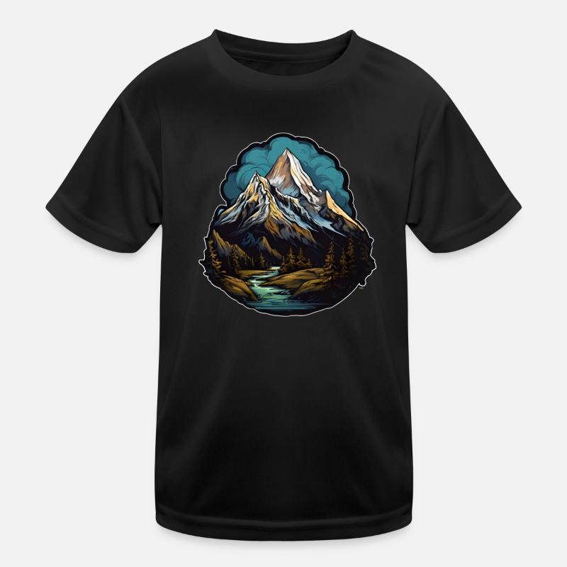 Mountain, Forest, River, Sky, Gloomy, Water, Trees, Summit Kids Functional T-Shirt