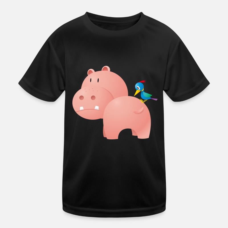 Nilpferd mit Vogel - Kinder Funktions-T-Shirt - Schwarz