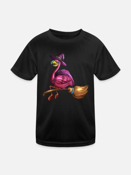 Pink Witches Flamingo Halloween Bird Broom Costume - Kids Functional T-Shirt - black - Front