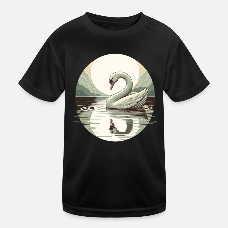Swan Lake Full Moon Reflection Art Deco Kids Functional T-Shirt