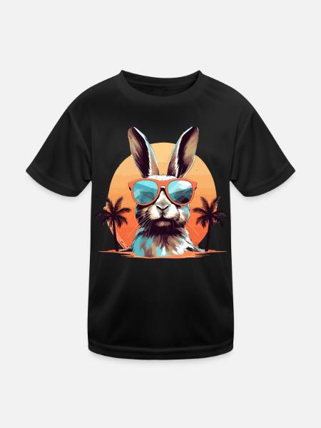 Hase mit Sonnenbrille am Strand - Kinder Funktions-T-Shirt - Schwarz - Vorne