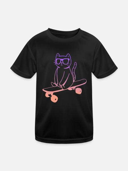 Skateboarder Skater Cat Skateboard - Kids Functional T-Shirt - black - Front
