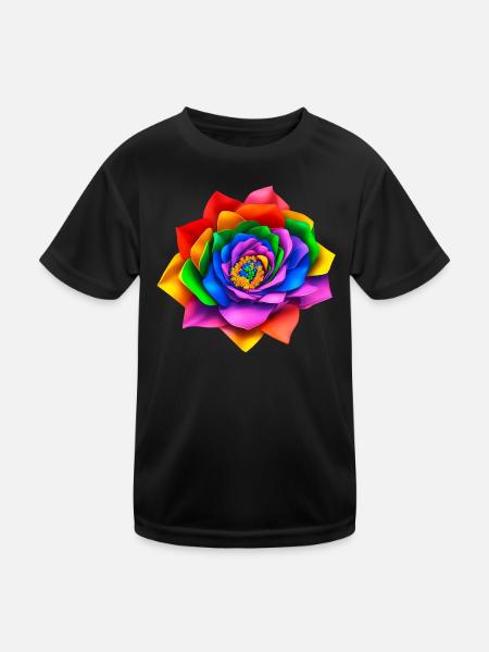 Lebendige 3D Regenbogenblume - Kinder Funktions-T-Shirt - Schwarz - Vorne