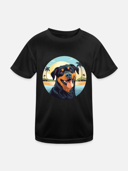 Rottweiler Hund am Strand - Kinder Funktions-T-Shirt - Schwarz - Vorne