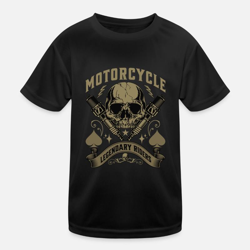 Biker skull with flames and spark plugs artwork Kids Functional T-Shirt