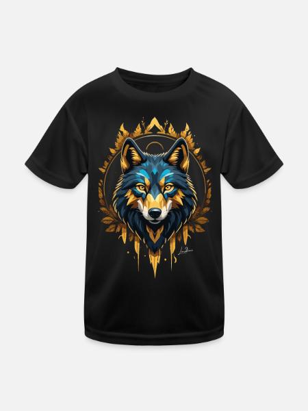 Geometrischer Goldwolf - Kinder Funktions-T-Shirt - Schwarz - Vorne