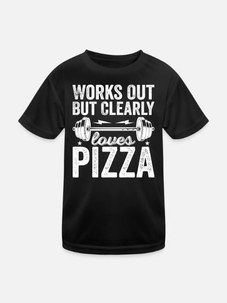 Works Out But Clearly Loves Pizza | I Love Pizza - Kids Functional T-Shirt - black - Front