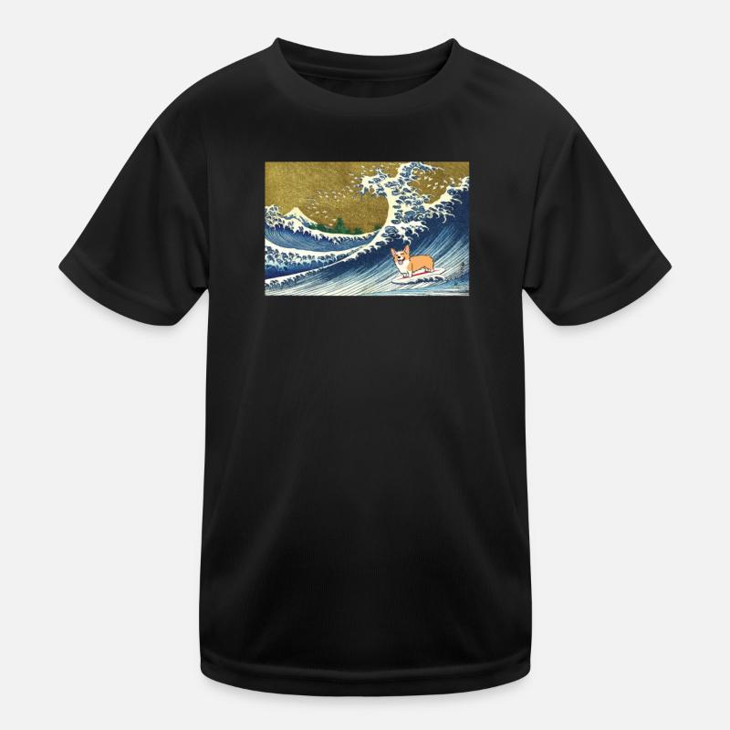 Corgi dog surfing The Great Wave Kids Functional T-Shirt