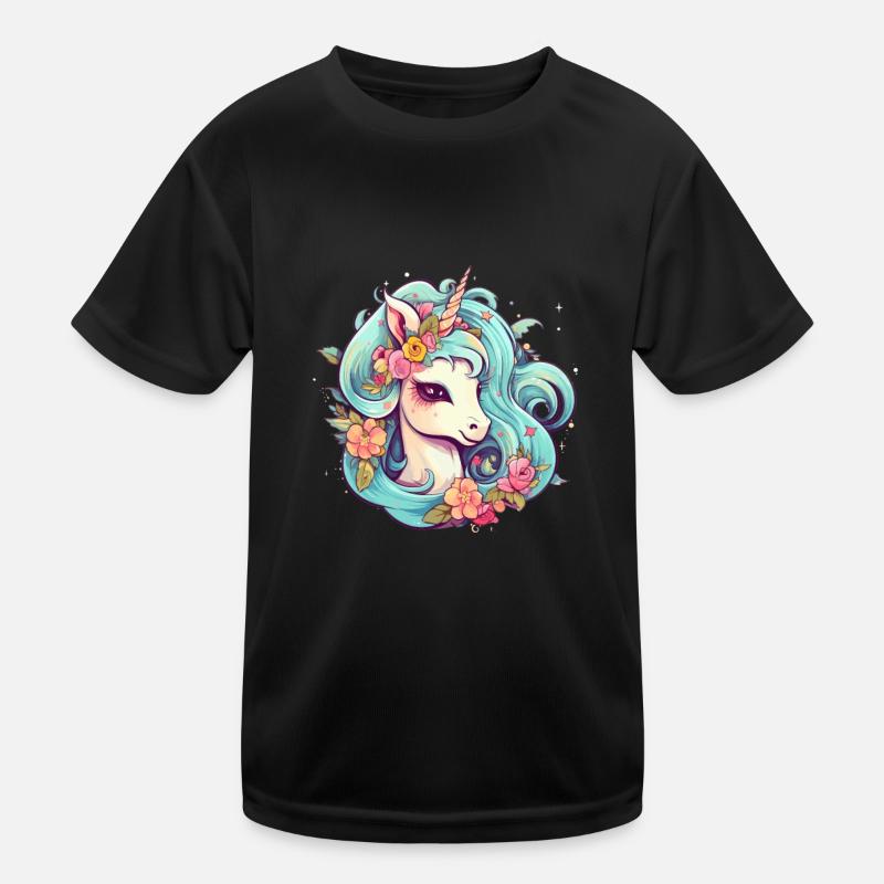 Comic Einhorn mit Blumen im Haar Kinder Funktions-T-Shirt